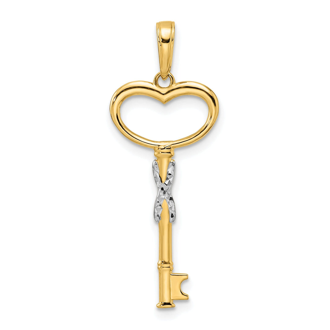14k Yellow Gold D.C Finish 3-D Heart Key Design Charm Pendant