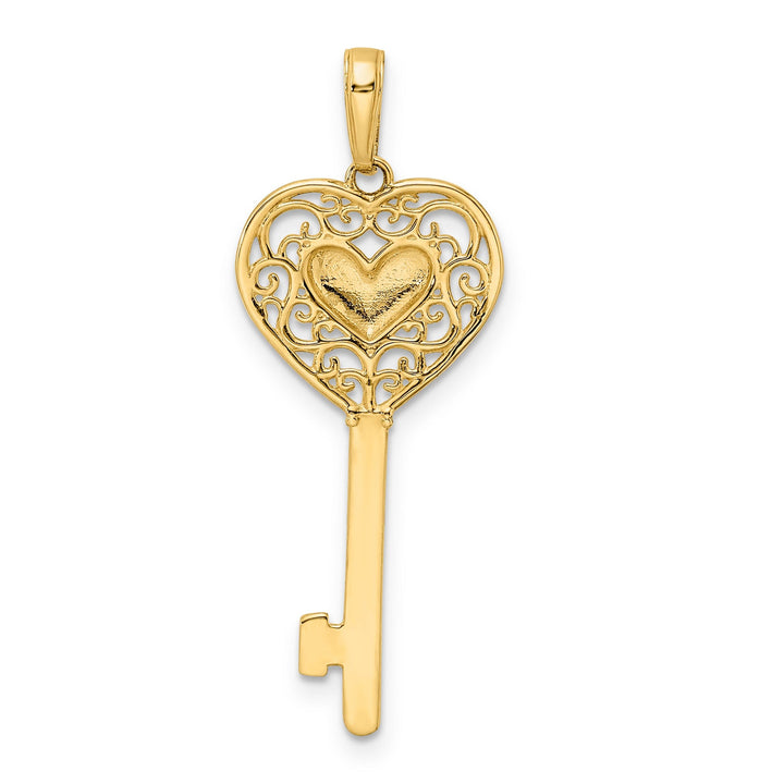 14k Yellow Gold D.C Finish Concave Heart Filigree Design Key Charm Pendant