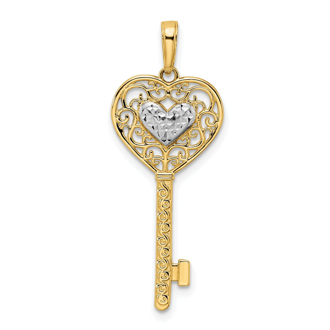 14k Yellow Gold D.C Finish Concave Heart Filigree Design Key Charm Pendant