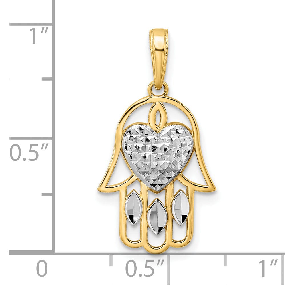 14k Yellow Gold Polished D.C Finish Concave Hamsa Heart Design Pendant