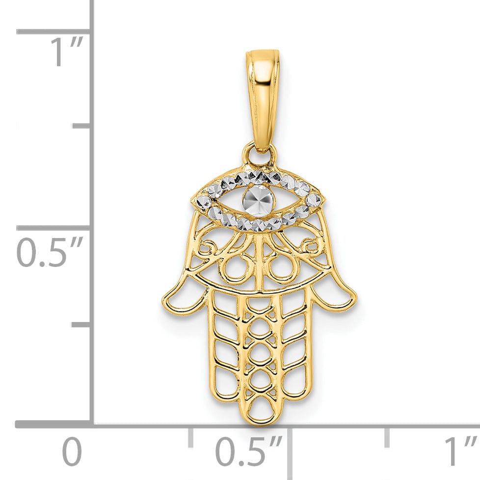 14k Yellow Gold Solid Polished D.C Finish Hamsa with Evil Eye Pendant