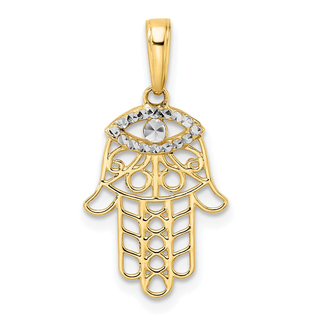14k Yellow Gold Solid Polished D.C Finish Hamsa with Evil Eye Pendant