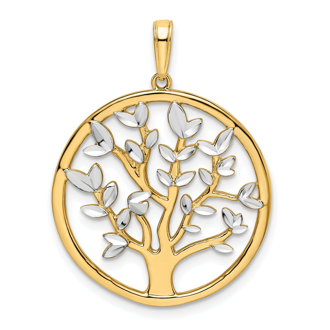 14k Yellow Gold White Rhodium Solid Flat Back Polished Diamond Cut Finish Round Shape Tree of Life Charm Pendant