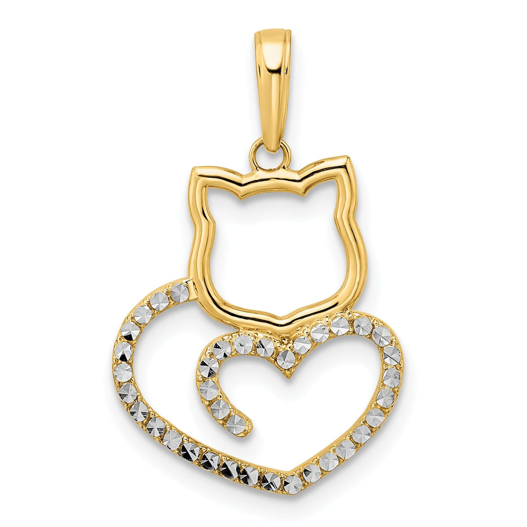 14k Yellow Gold White Rhodium Solid Flat Back Unisex Diamond Cut Polished Finish Cat Heart Design Charm Pendant