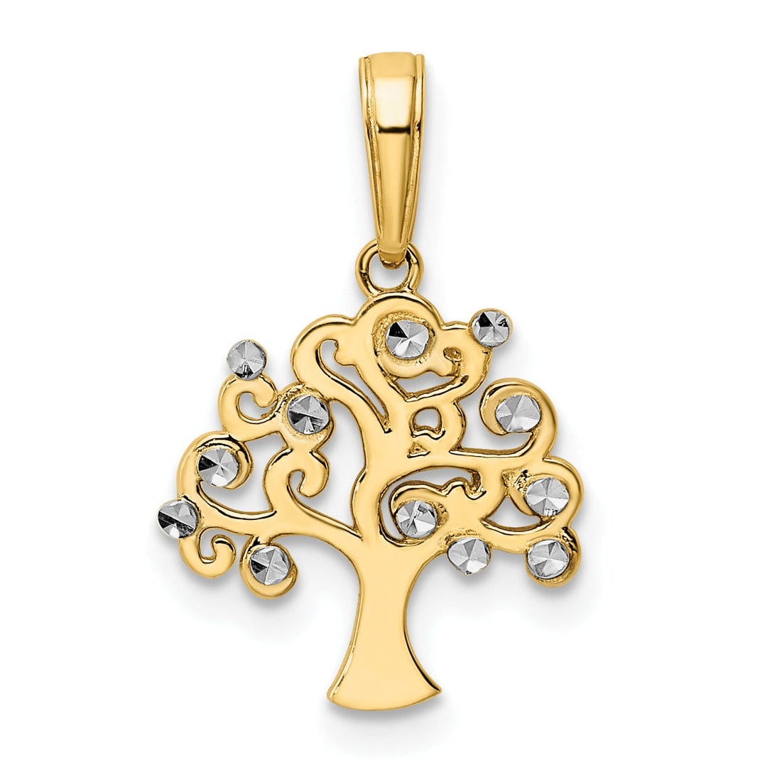 14k Yellow Gold White Rhodium Solid Diamond Cut Polished Finish Tree of Life Charm Pendant