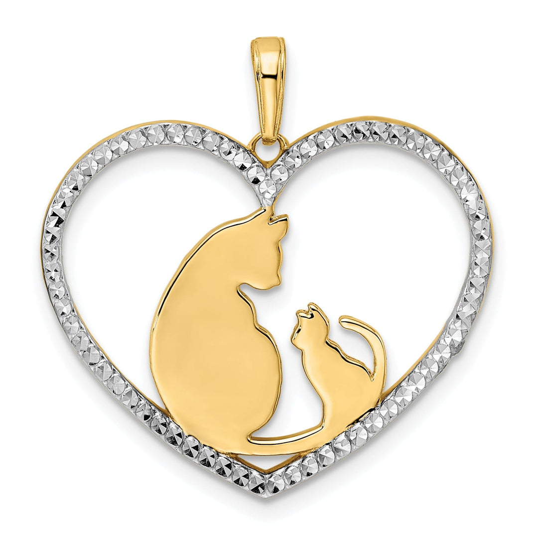 14k Yellow Gold White Rhodium Solid Open Back Womens Diamond Cut Polished Finish Cat And Kitten in Heart Design Charm Pendant