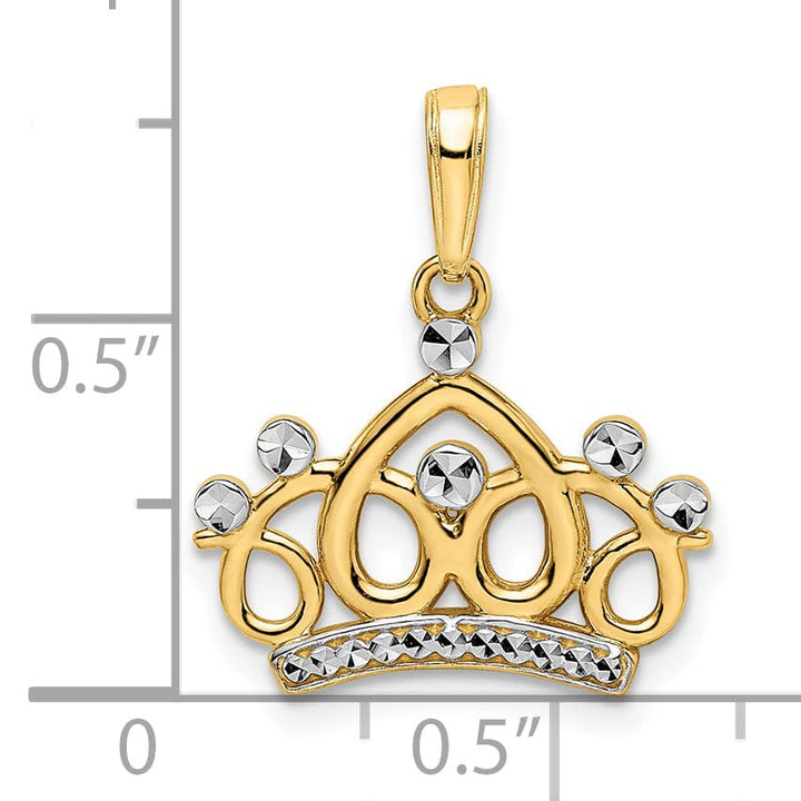 14k Yellow Gold White Rhodium Solid Flat Back Polished Diamond Cut Finish Crown Design Charm Pendant
