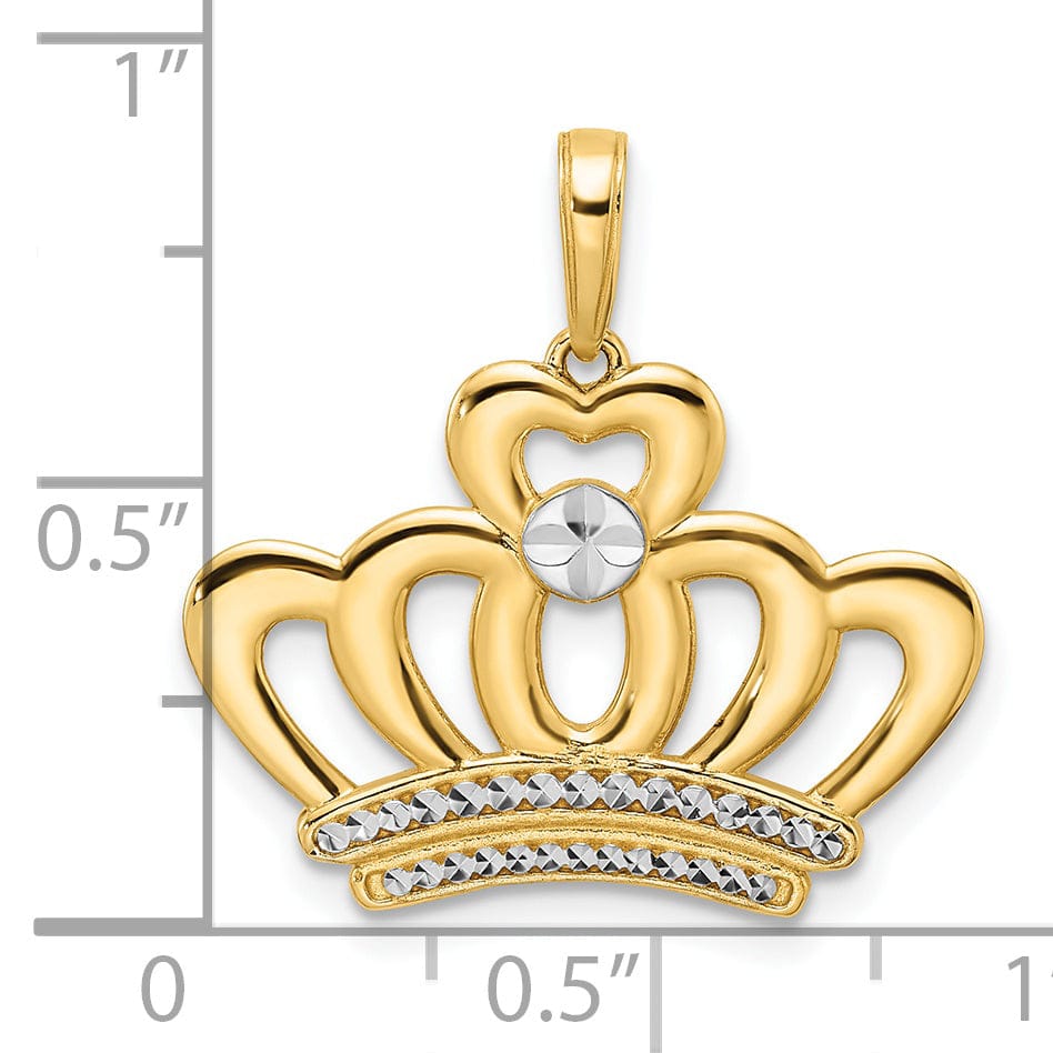 14k Two-tone Gold Solid Open Back Polished Diamond Cut Finish Crown Design Charm Pendant
