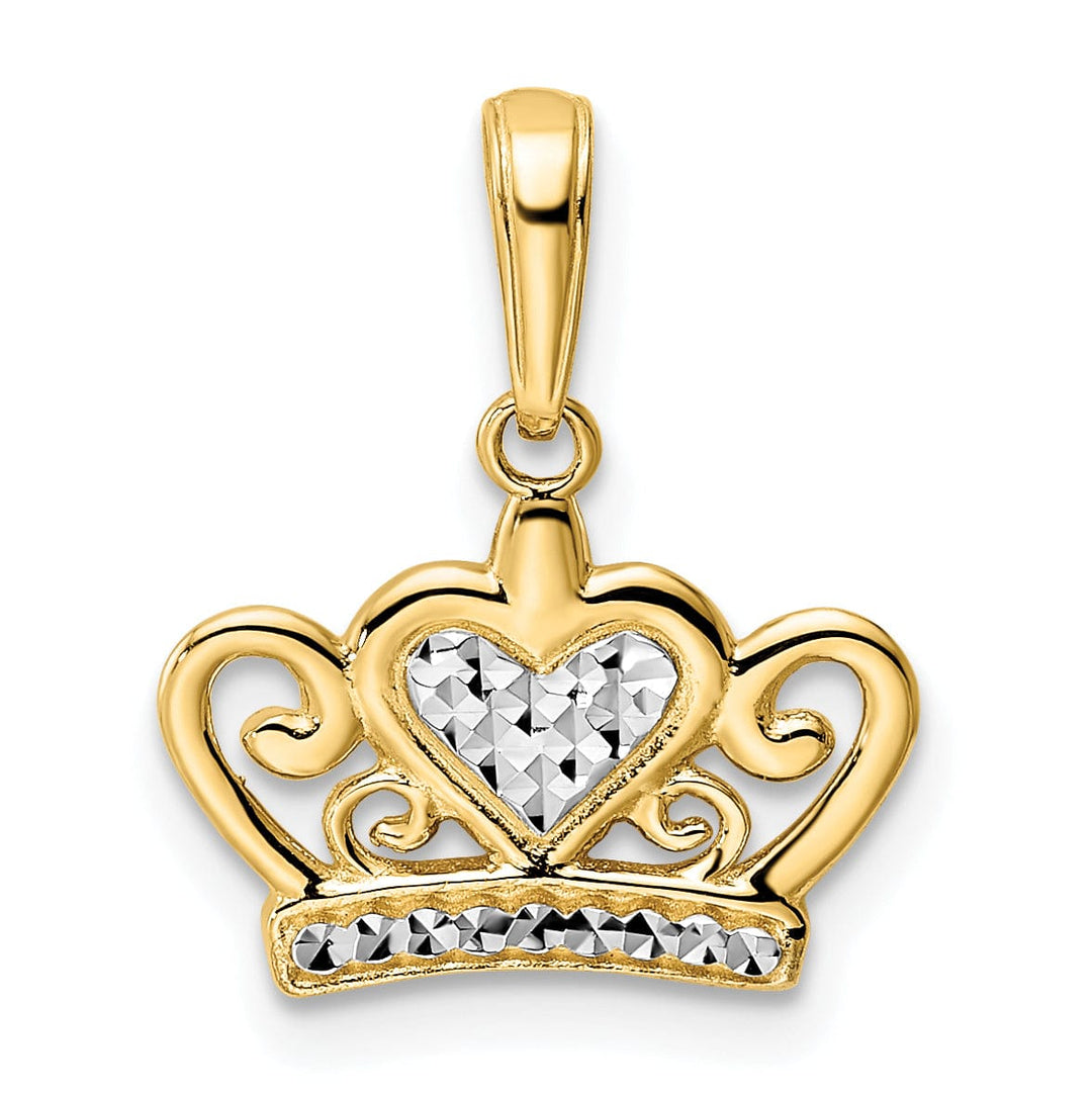 14k Yellow Gold White Rhodium Solid Open Back Polished Diamond Cut Finish Crown Heart Design Charm Pendant