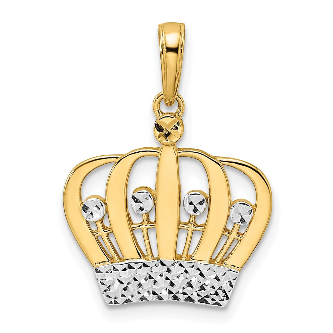 14k Yellow Gold White Rhodium Solid Open Back Polished Diamond Cut Finish Crown Design Charm Pendant