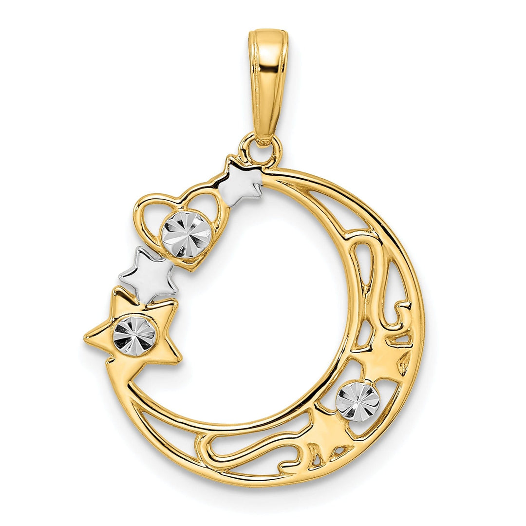 14k Yellow Gold White Rhodium Solid Open Back Diamond Cut Polished Finish Heart, Star & Moon Charm Pendant