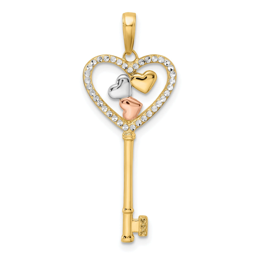 14k Yellow White and Rose Gold D.C Concave 3 Hearts Key Charm Pendant
