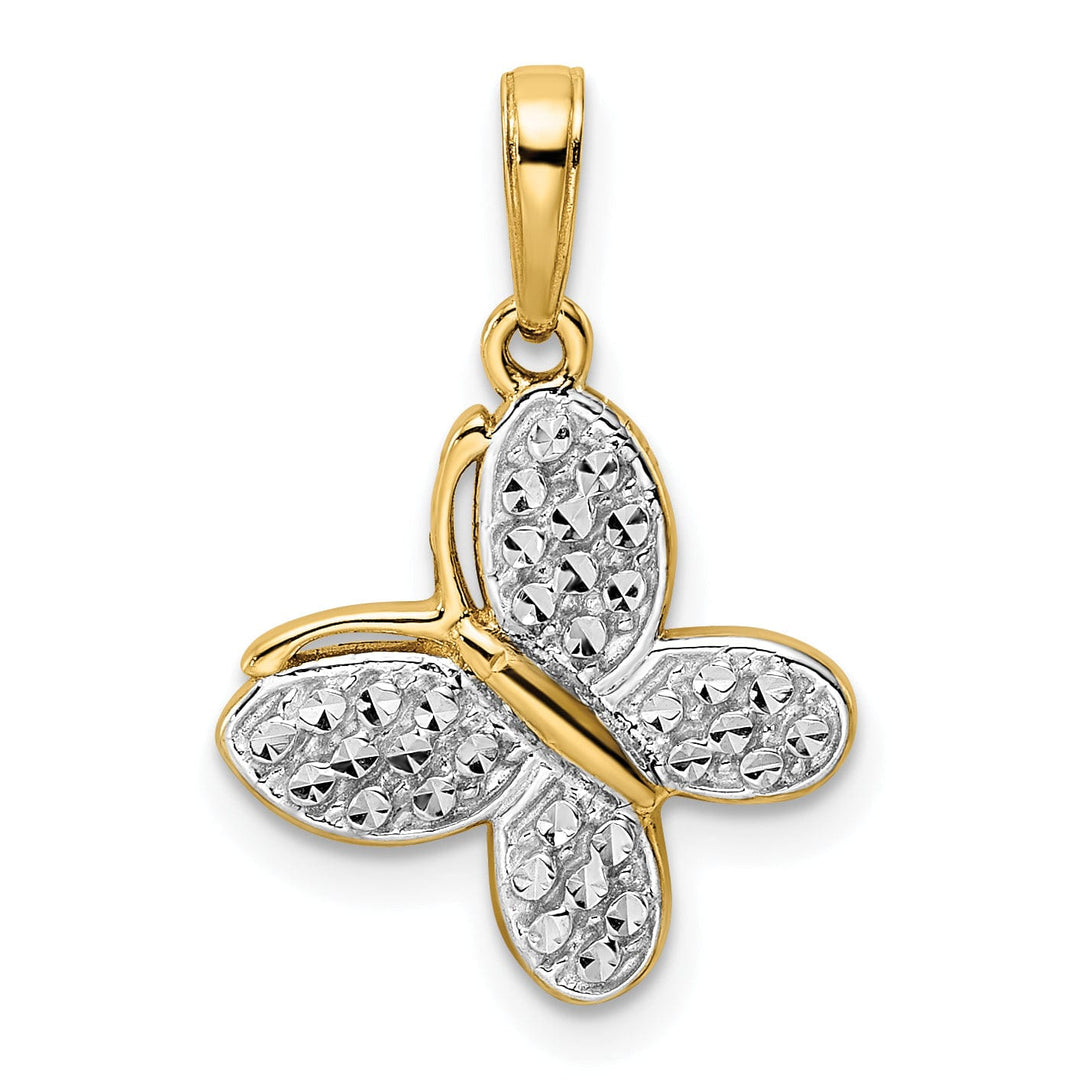 14k Yellow Gold and White Rhodium Flat Back Casted Solid Polished Finish Diamond-cut Fancy Butterfly Charm Pendant