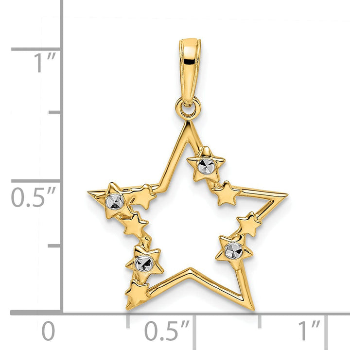 14k Yellow Gold & White Rhodium Open Back Solid Diamond Cut Polished Finish Women's Star Shape with little Stars Design Charm Pendant