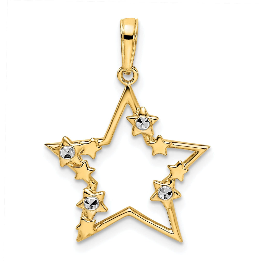 14k Yellow Gold & White Rhodium Open Back Solid Diamond Cut Polished Finish Women's Star Shape with little Stars Design Charm Pendant