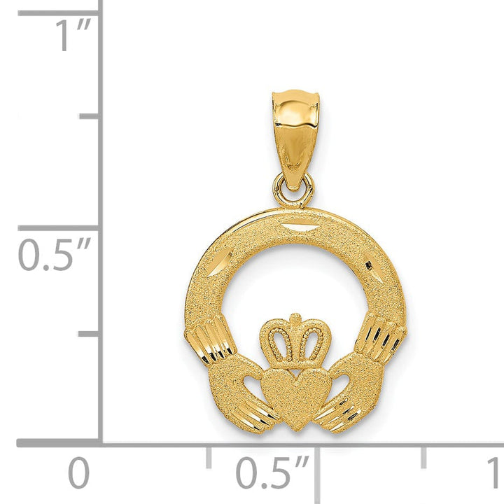 14k Yellow Gold Solid Satin Diamond Cut Finish Flat-Backed Claddagh Design Charm Pendant