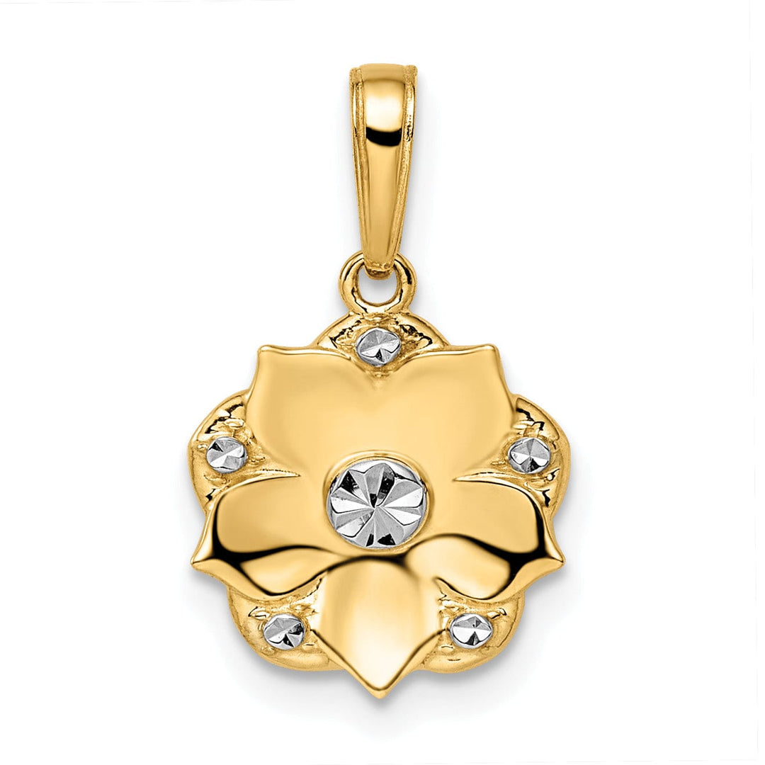 14k Two-tone Gold Solid Flat Back Casted Polished Finish Diamond-cut Flower Charm Pendant