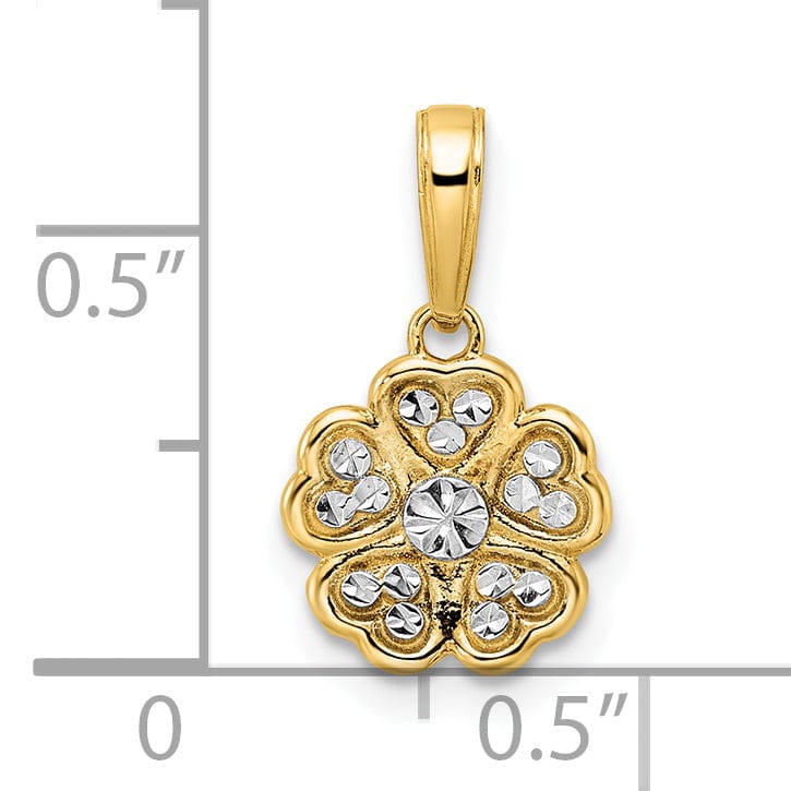 14k Yellow Gold and White Rhodium Casted Closed Back Diamond-cut Solid Polished Finish Flower Charm Pendant