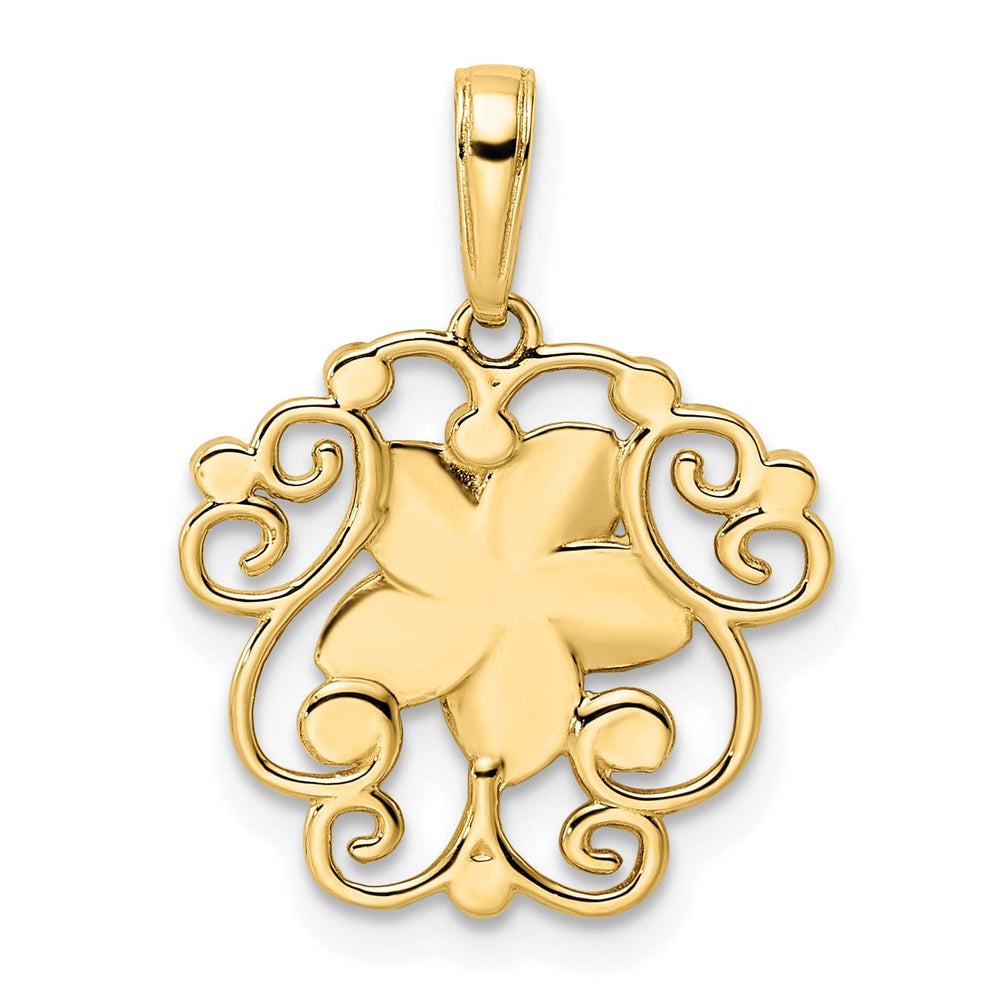 14k Yellow Gold and White Rhodium Casted Flat Back Solid Polished Finish Diamond-cut Floral Charm Pendant