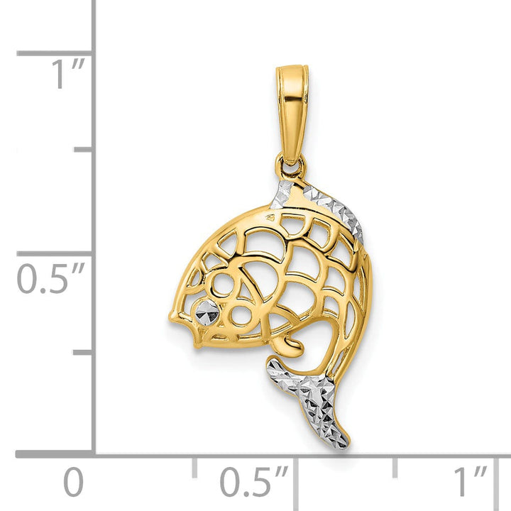 14k Yellow Gold White Rhodium Polished Solid Diamond Cut Finish Fish Design Charm Pendant