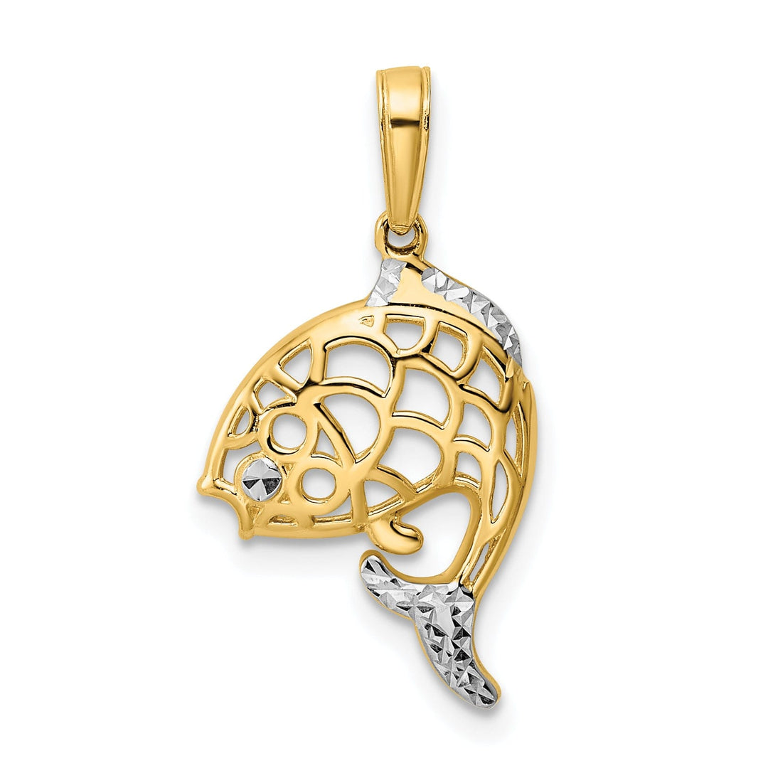 14k Yellow Gold White Rhodium Polished Solid Diamond Cut Finish Fish Design Charm Pendant