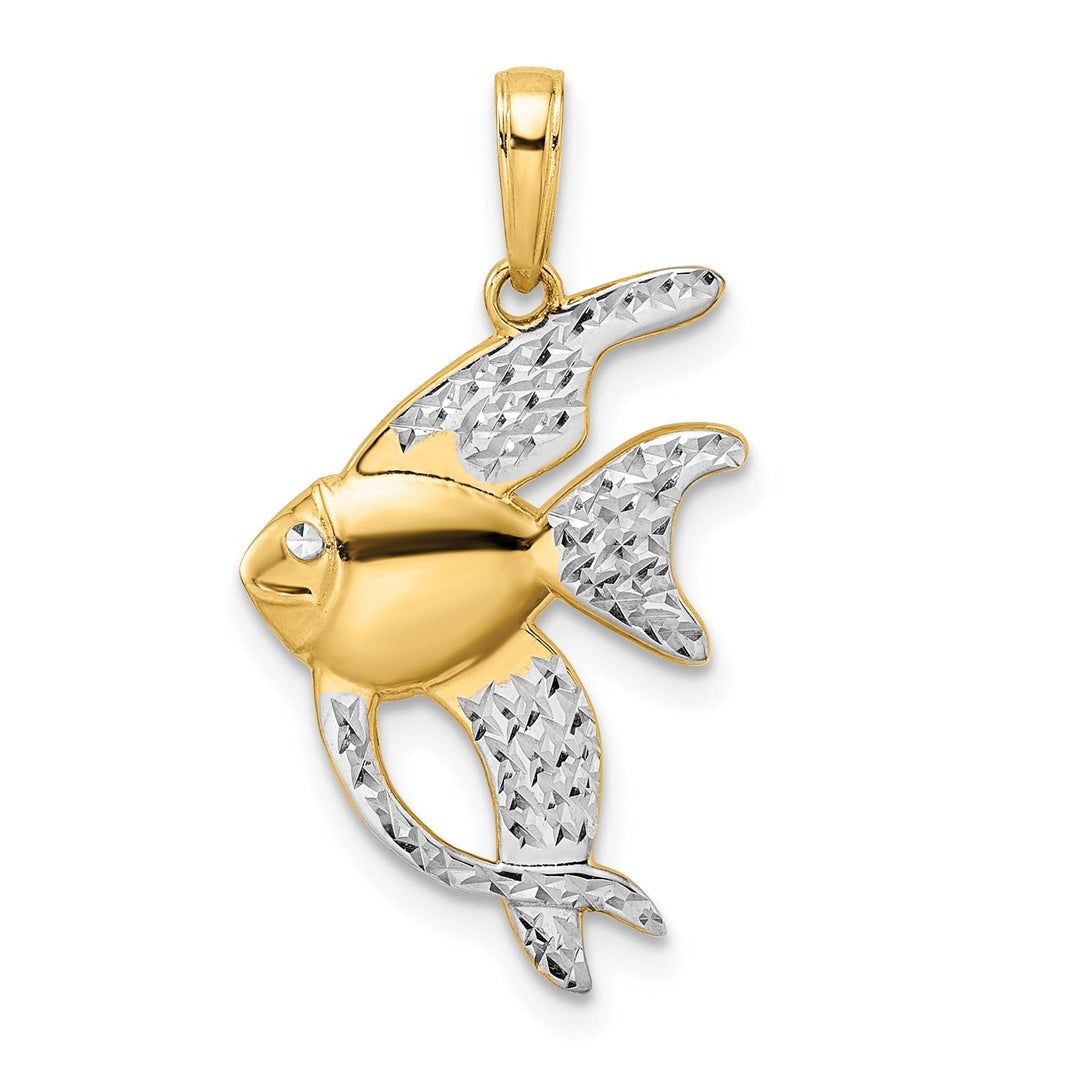 14k Yellow Gold White Rhodium Solid Diamond Cut Polished Finish Fish Charm Pendant