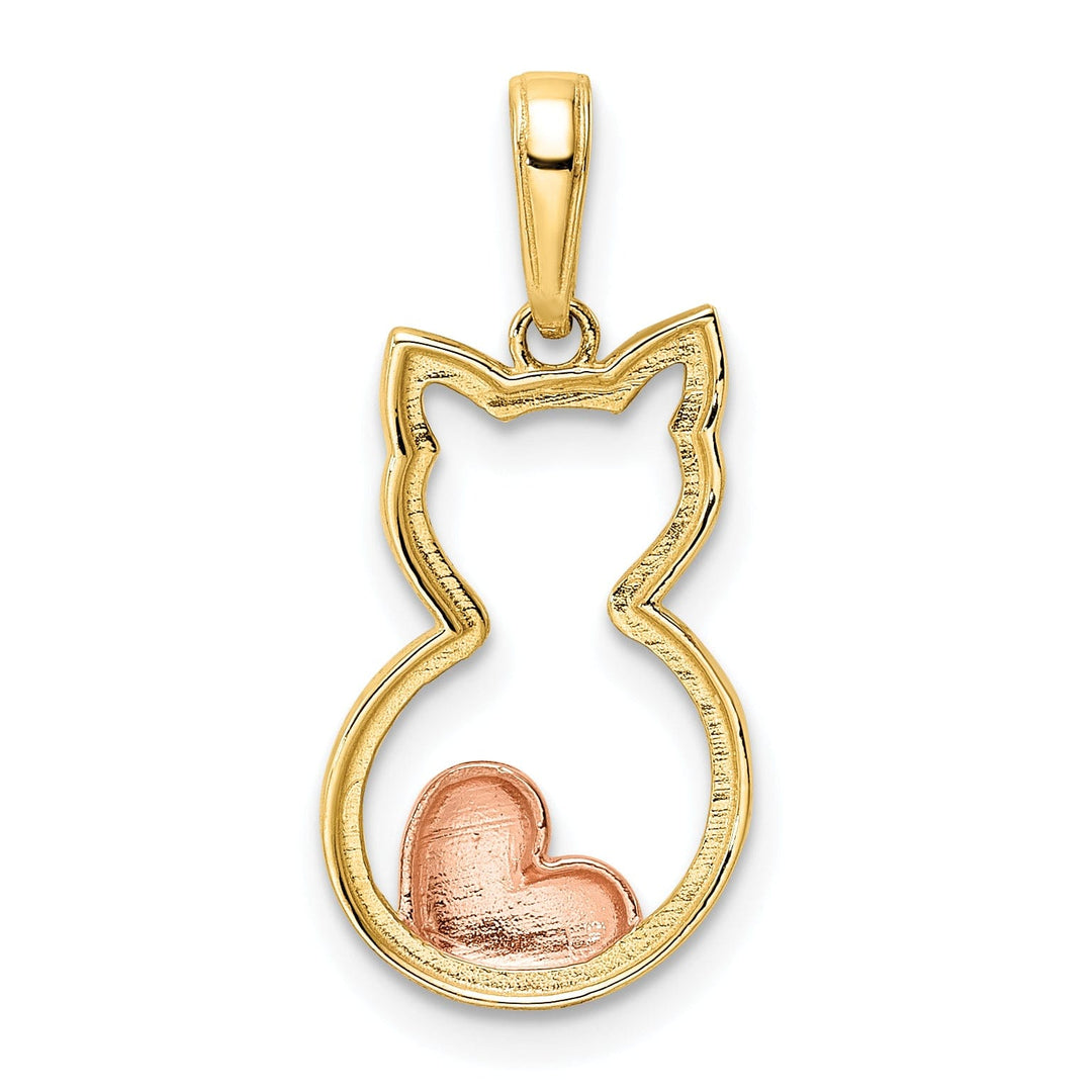 14k Yellow Gold White and Rose Rhodium Solid Open Back Polished Diamond Cut Finish Cat with Heart Design Charm Pendant