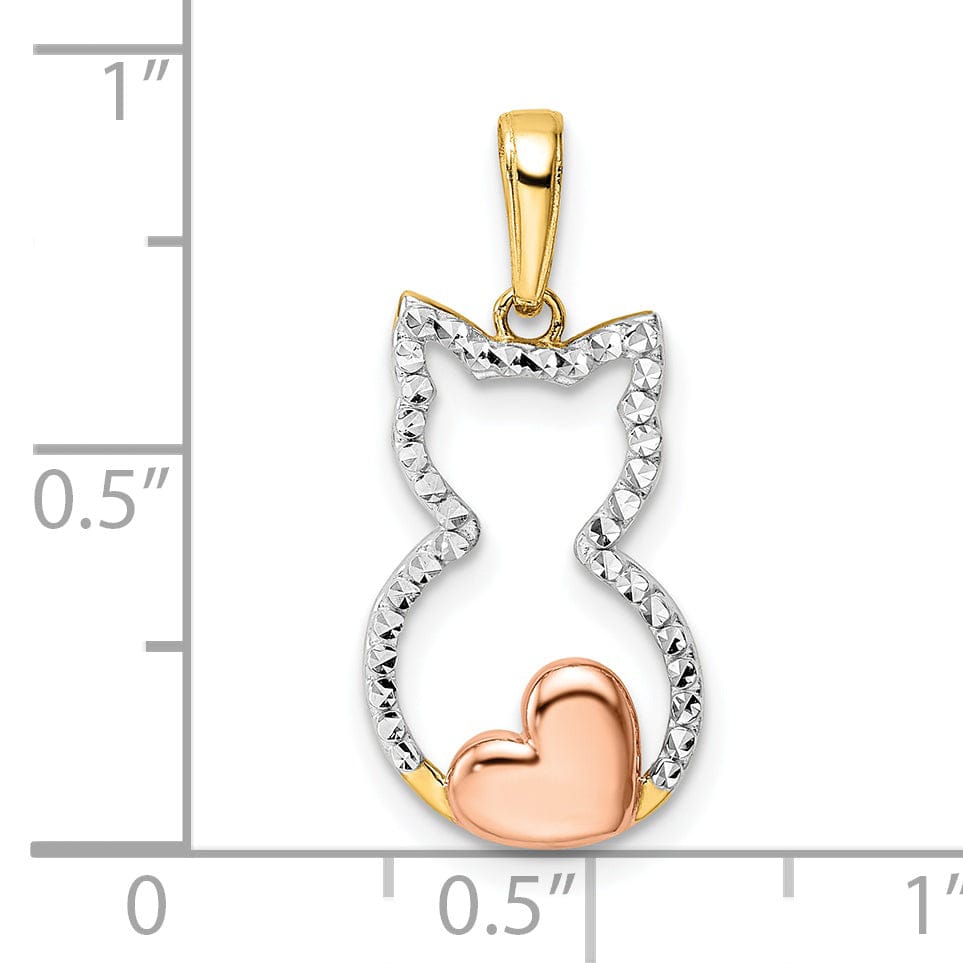14k Yellow Gold White and Rose Rhodium Solid Open Back Polished Diamond Cut Finish Cat with Heart Design Charm Pendant