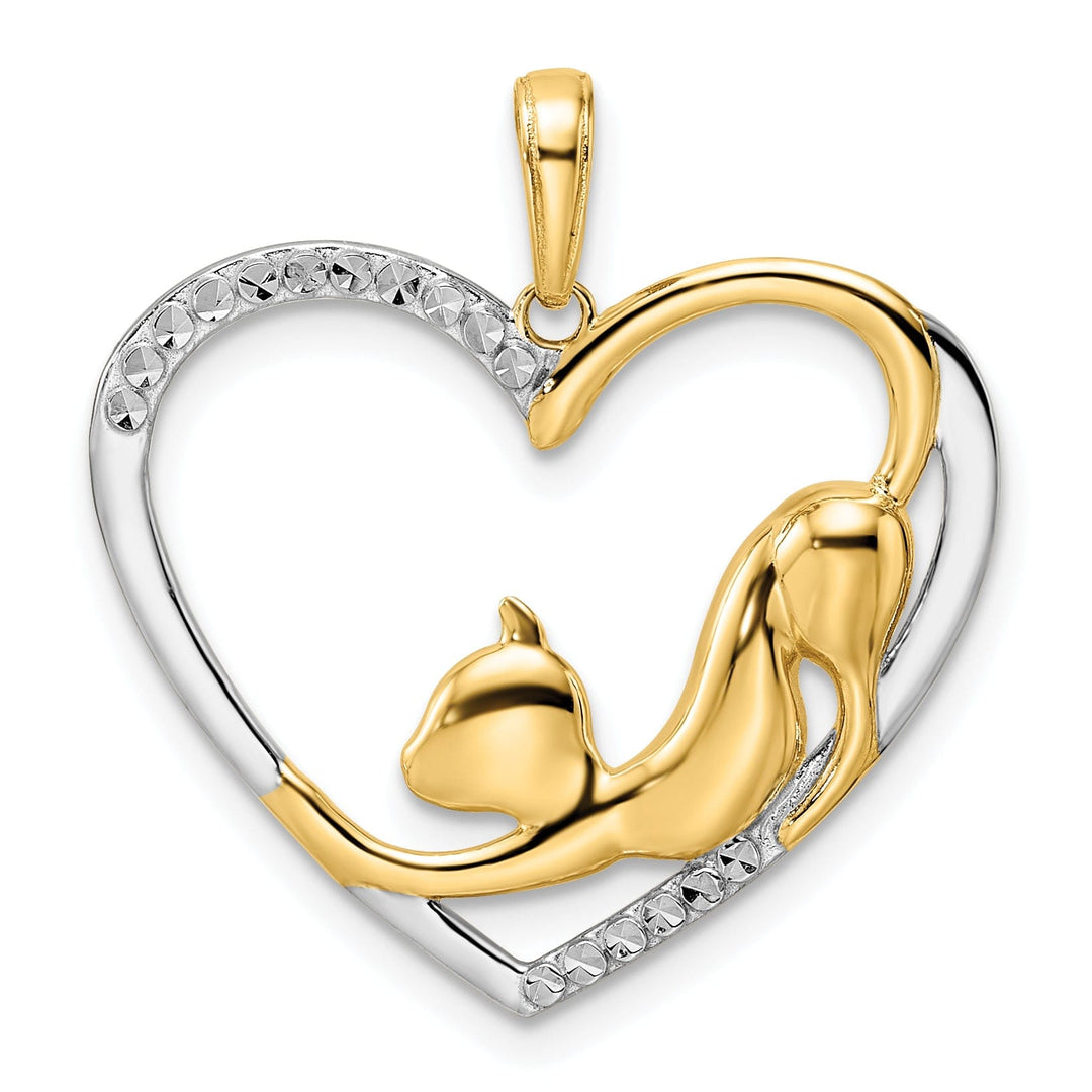 14k Yellow Gold White Rhodium Solid Open Back Polished Diamond Cut Finish Cat Stretching in Heart Design Charm Pendant