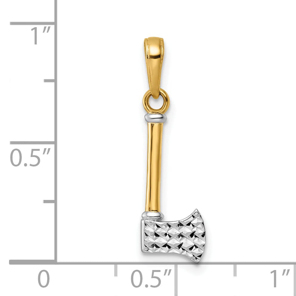 14k Yellow Gold, White Rhodium Solid Diamond Cut Polished Finish 3-Dimensional Axe Charm Pendant