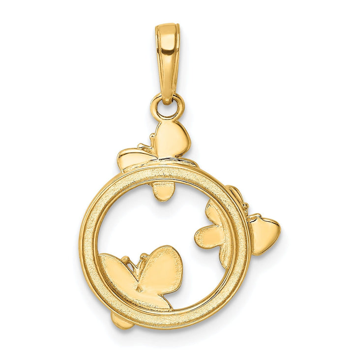 14k Two-tone Gold Solid Open Back Diamond-cut Polished Finish Butterflies on Circle Charm Pendant