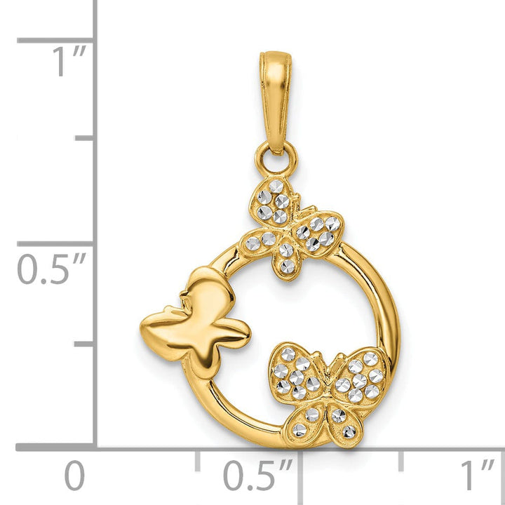 14k Two-tone Gold Solid Open Back Diamond-cut Polished Finish Butterflies on Circle Charm Pendant