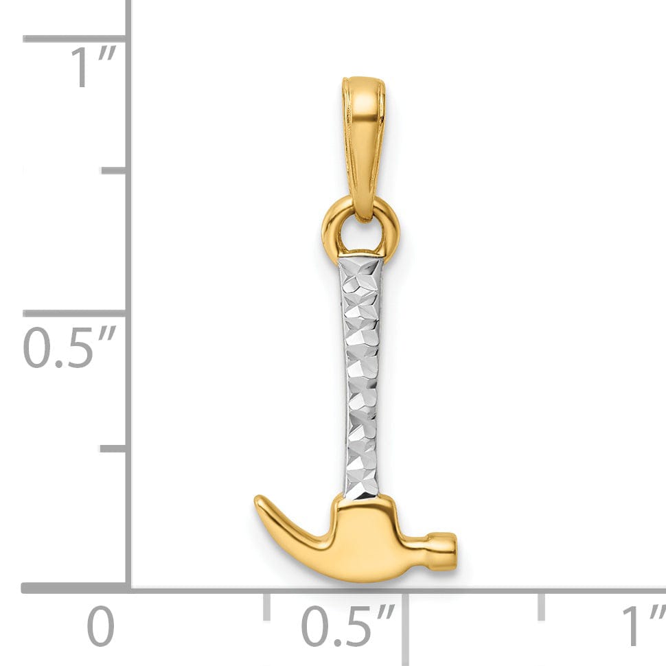 14k Yellow Gold, White Rhodium Solid Diamond Cut Polished Finish 3-Dimensional Carpenter Hammer Charm Pendant