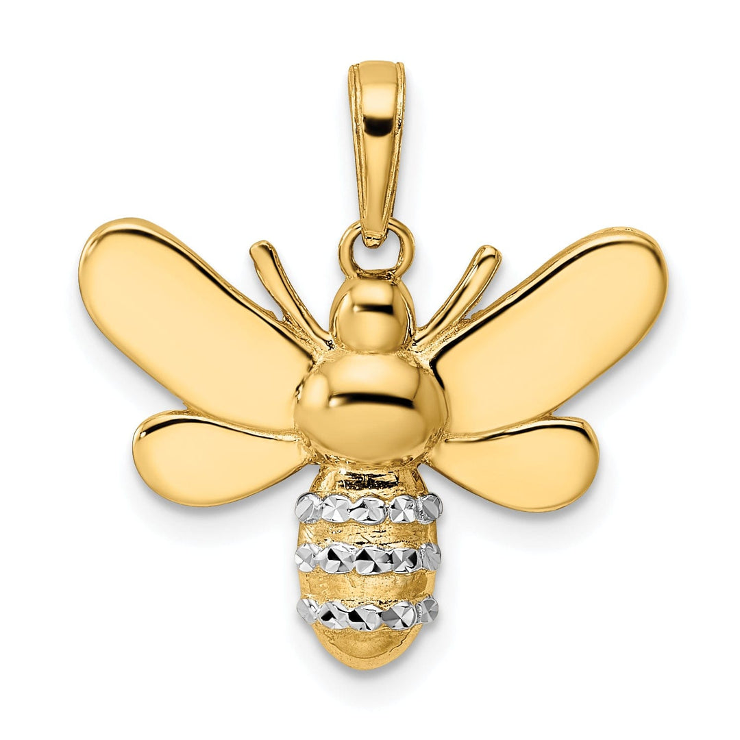 14k Yellow Gold White Rhodium Open Back Solid Diamond Cut Polished Finish Bumblebee Charm Pendant