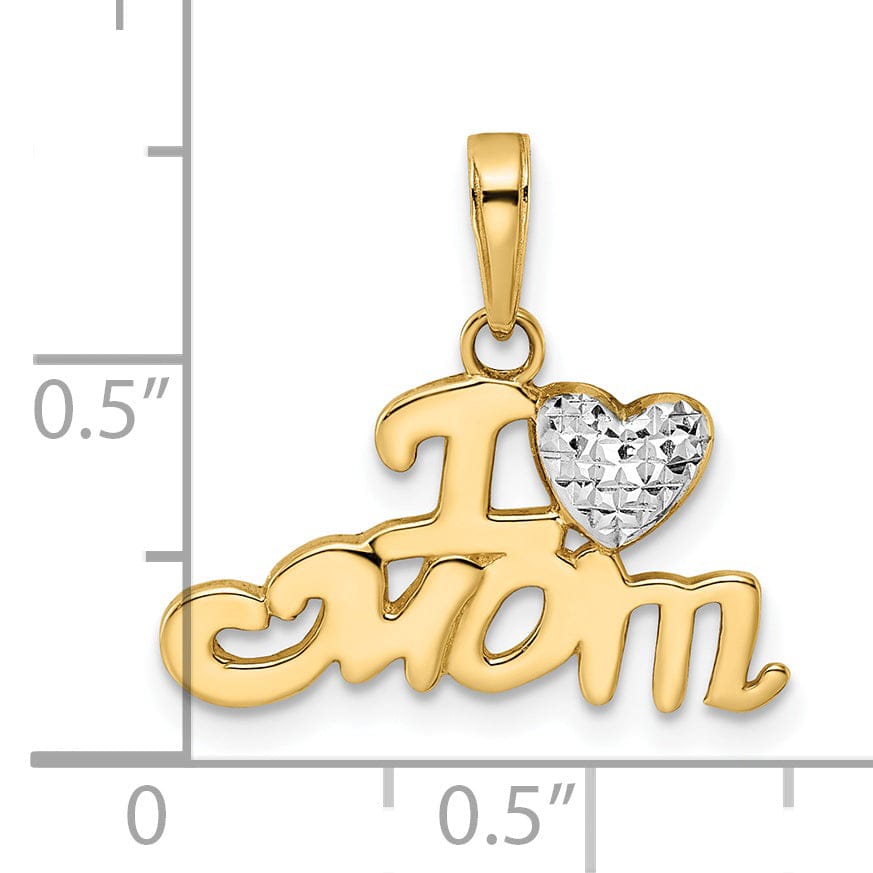 14K Yellow Gold, White Rhodium Solid Polished Diamond Cut Finish Script I Heart Mom Design Charm Pendant