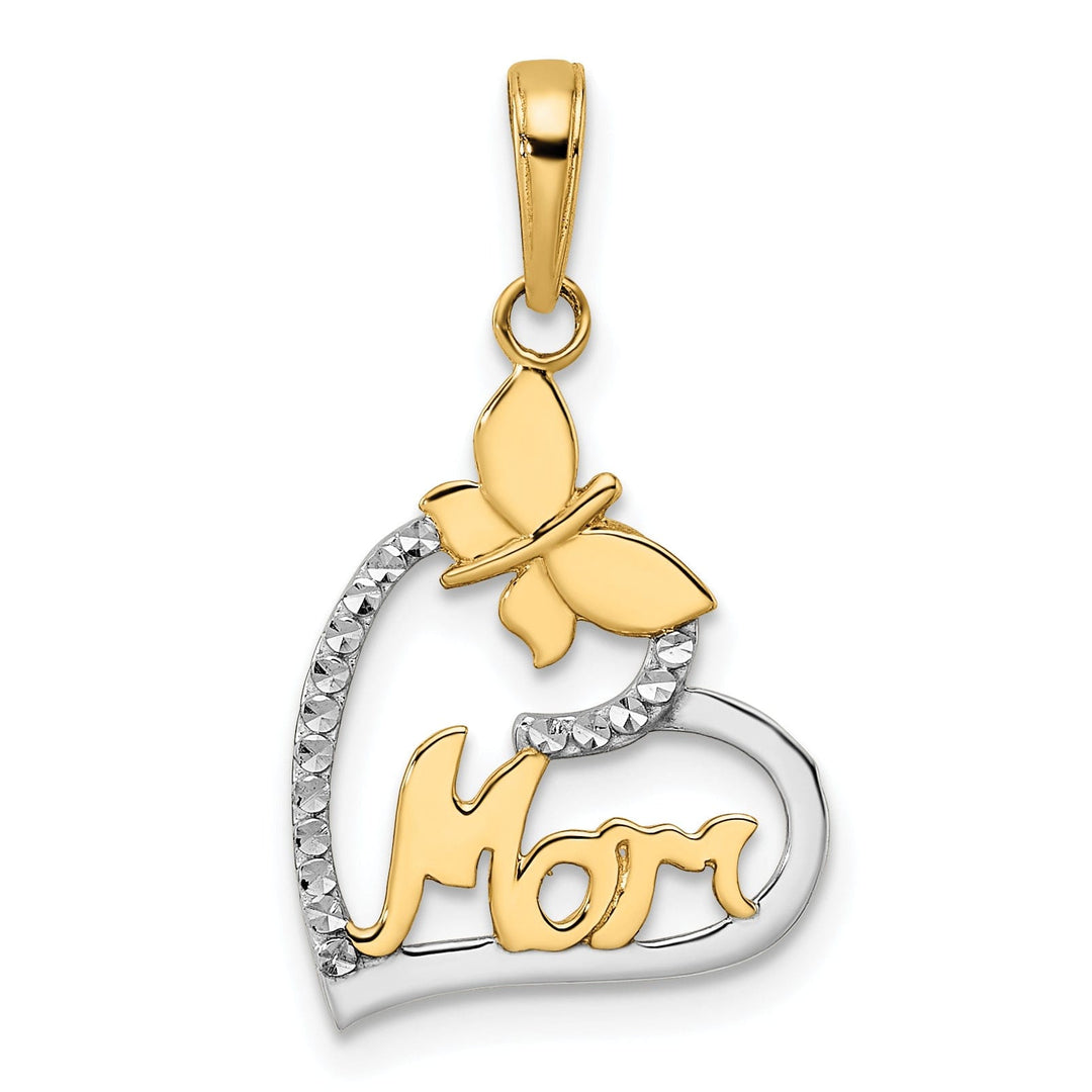 14K Yellow Gold, White Rhodium Diamond Cut Polished Finish Solid Butterfly Mom in Heart Design Charm Pendant