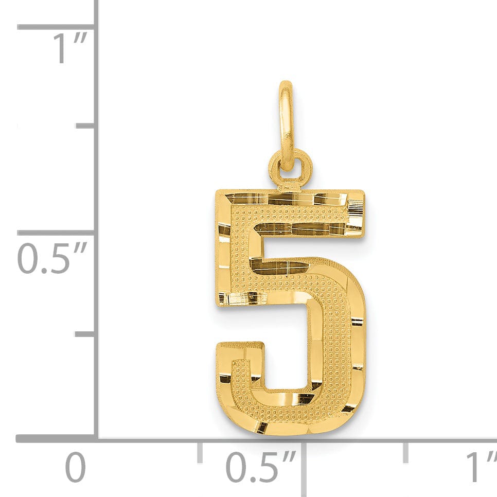 14K Yellow Gold Polished Diamond Cut Finish Medium Size Number 5 Charm Pendant