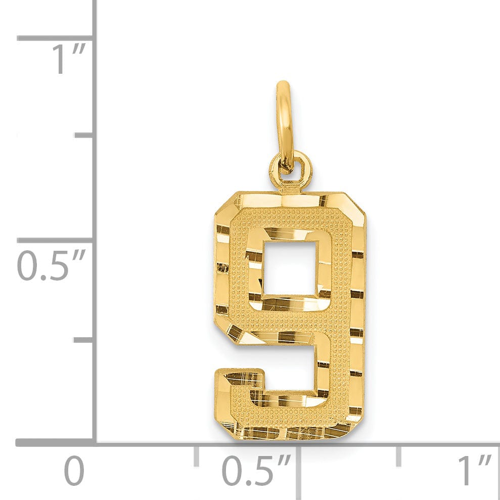 14K Yellow Gold Polished Diamond Cut Finish Medium Size Number 9 Charm Pendant