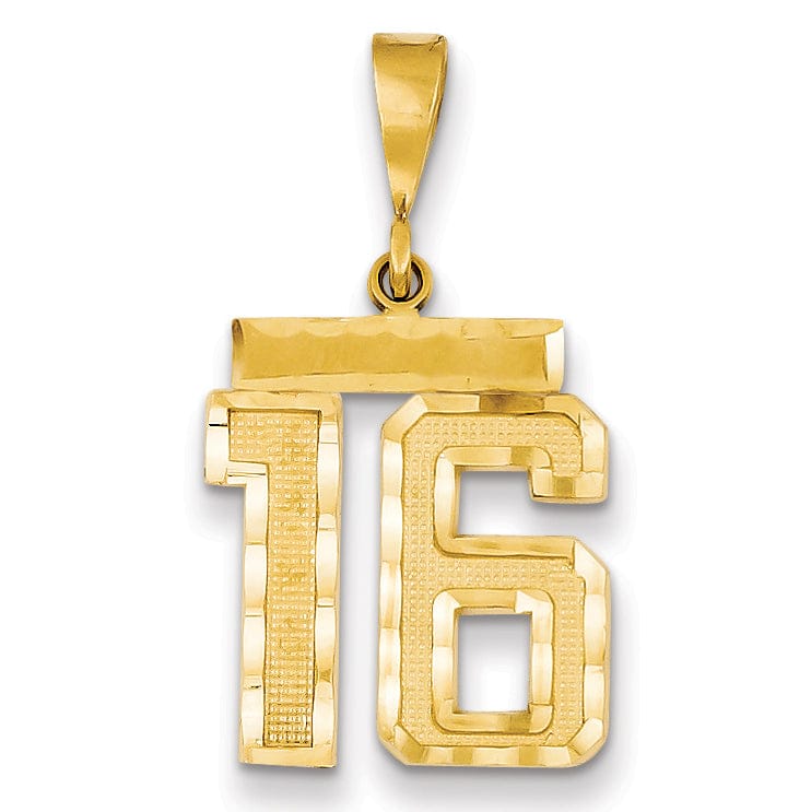 14K Yellow Gold Polished Diamond Cut Finish Medium Size Number 16 Charm Pendant