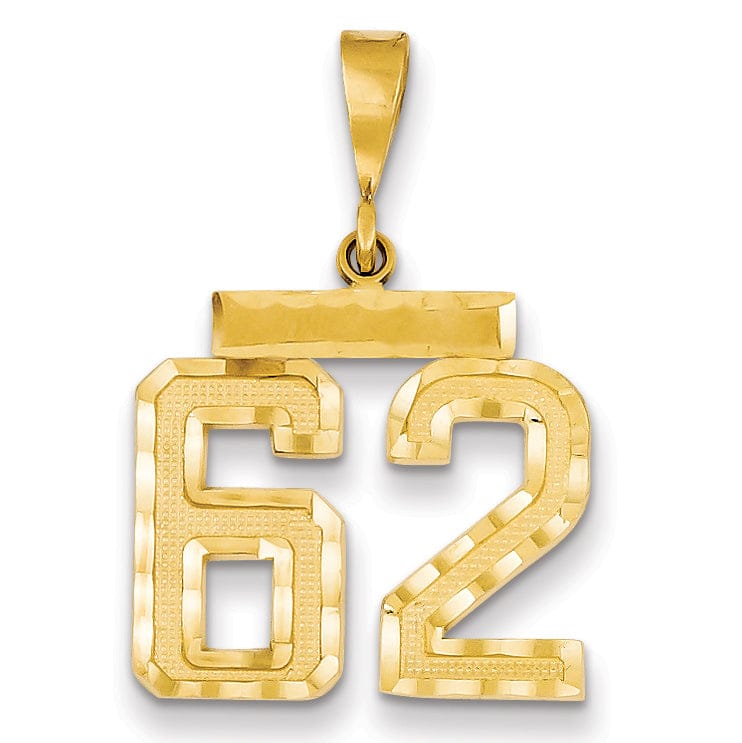 14K Yellow Gold Polished Diamond Cut Finish Medium Size Number 62 Charm Pendant