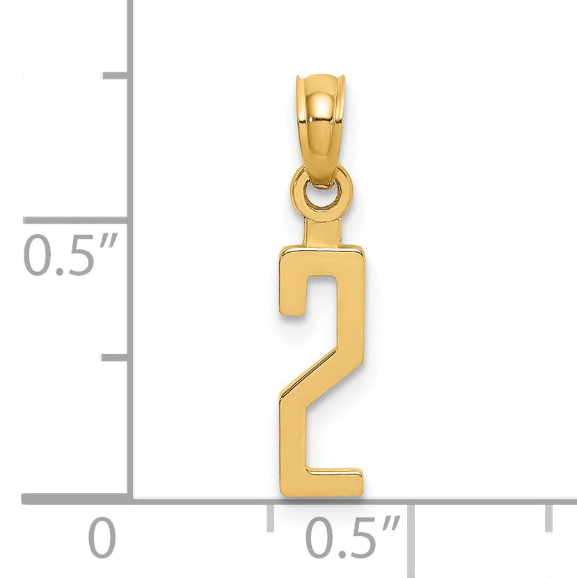14K Yellow Gold Polished Finished Block Script Design Block Number 2 Charm Pendant