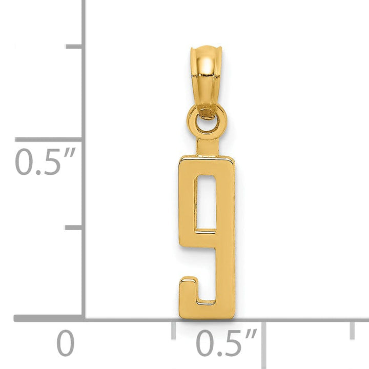 14K Yellow Gold Polished Finished Block Script Design Number 9 Charm Pendant