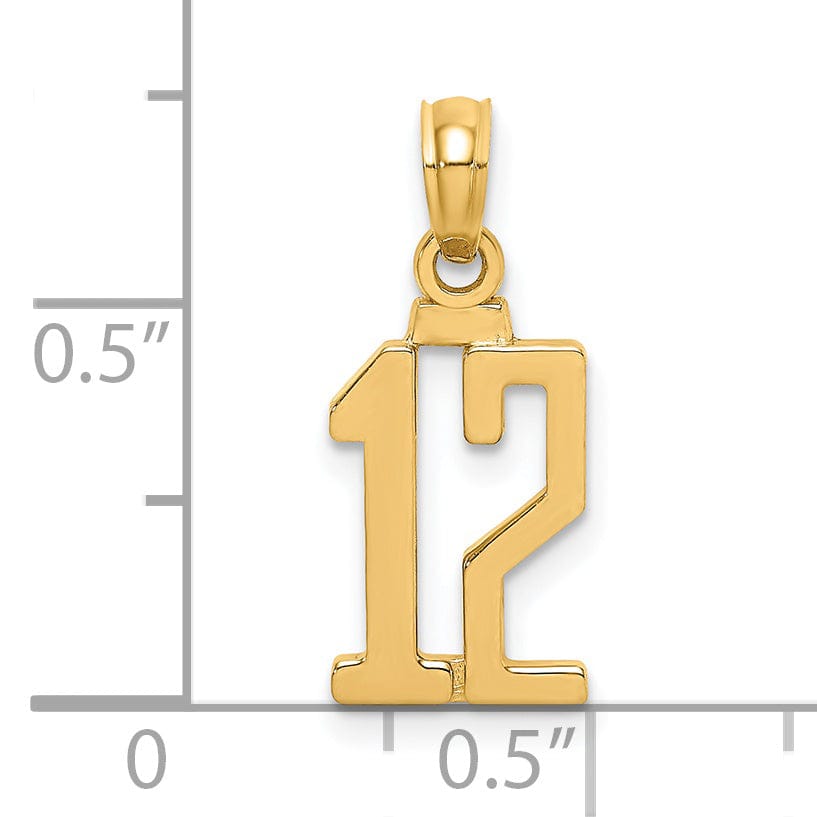 14K Yellow Gold Polished Finished Block Script Design Number 12 Charm Pendant