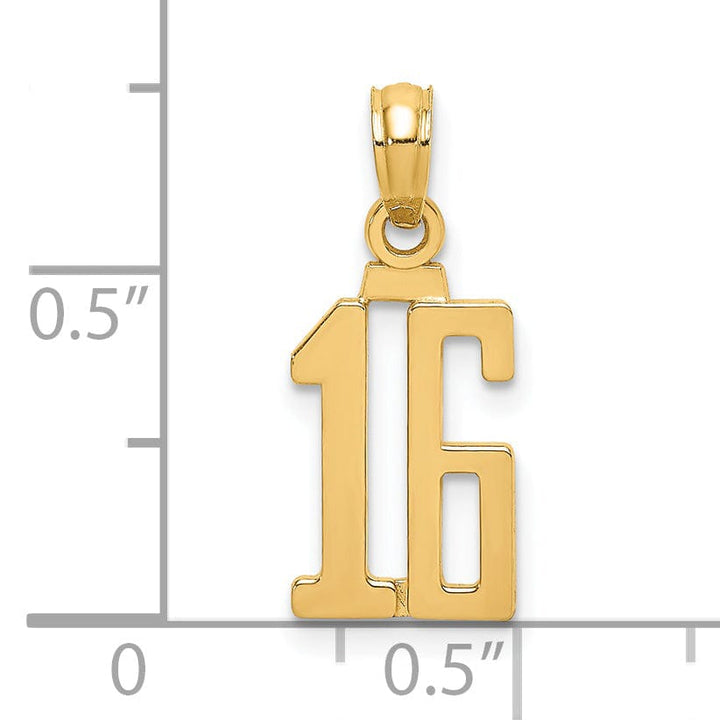 14K Yellow Gold Polished Finished Block Script Design Number 16 Charm Pendant