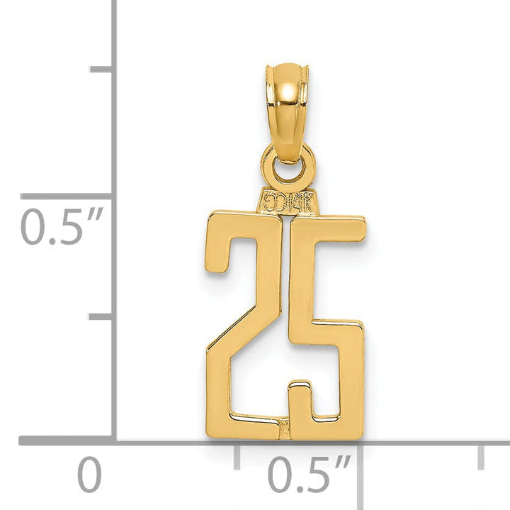 14K Yellow Gold Polished Finished Block Script Design Number 25 Charm Pendant
