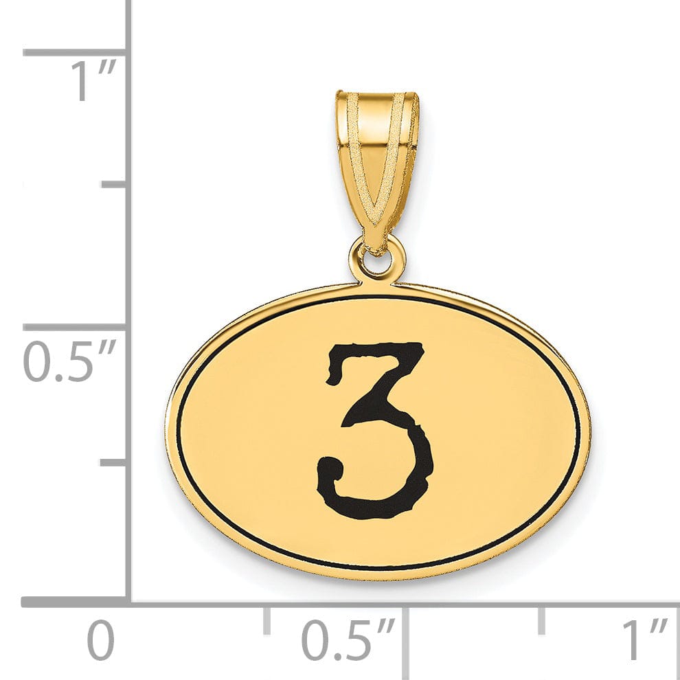 14k Yellow Gold Polished Finish with Black Epoxy Oval Shape Number 3 Charm Pendant