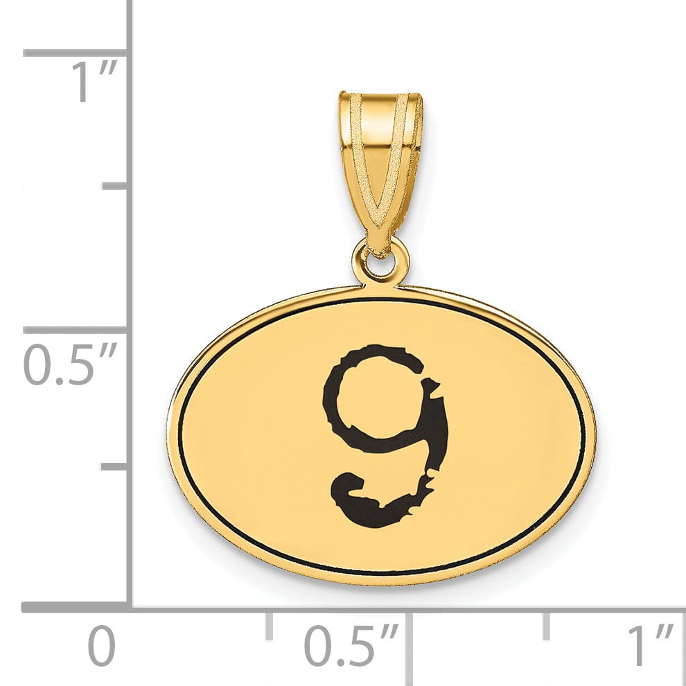 14k Yellow Gold Polished Finish with Black Epoxy Oval Shape Number 9 Charm Pendant