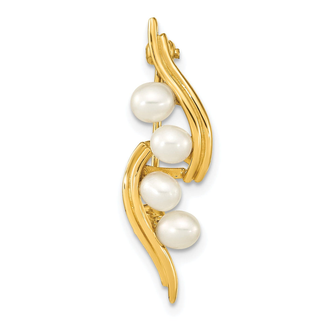 14K Yellow Gold Polished Finish Women's 4-5 mm Size White Freshwater Cultured Swirl Design Brooch Pin