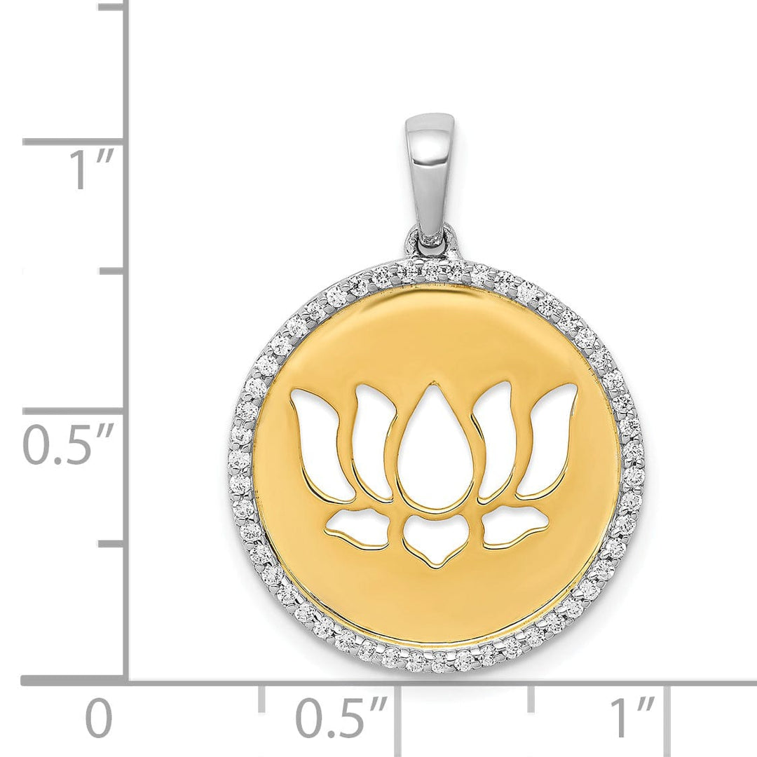 14k Two Tone Gold Open Back Polished Finish 0.25 CT Diamond Lotus Flower Round Shape Charm Pendant