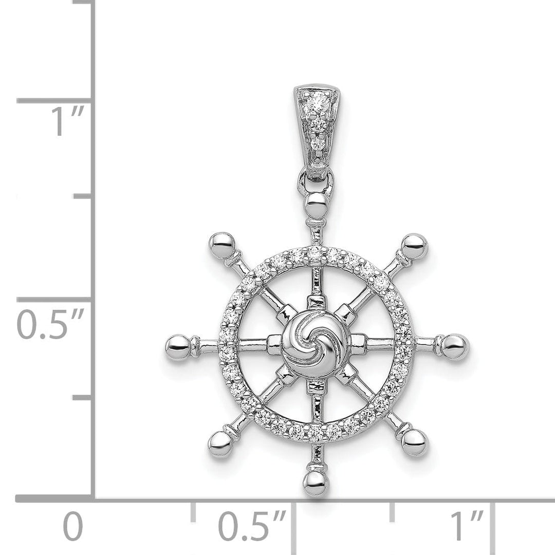 14k White Gold Rhodium Polished Finish 1/6 ct. Diamond Ship Wheel Charm